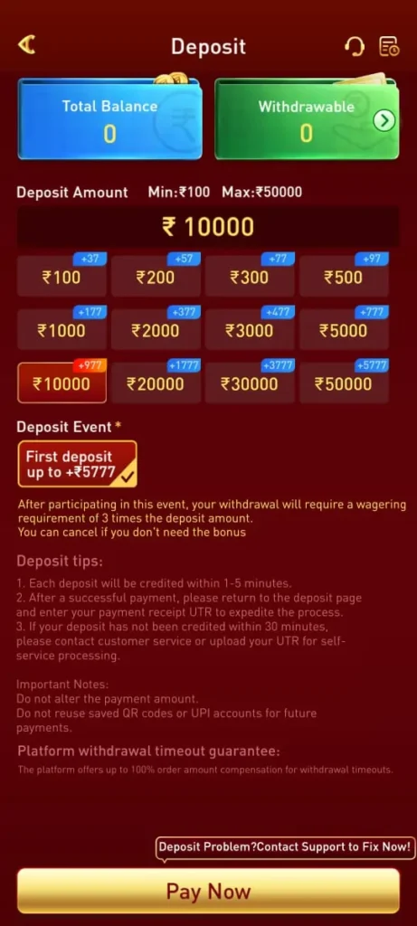 PP2 Game deposit page showing balance, bonus deposit amounts, and pay now option